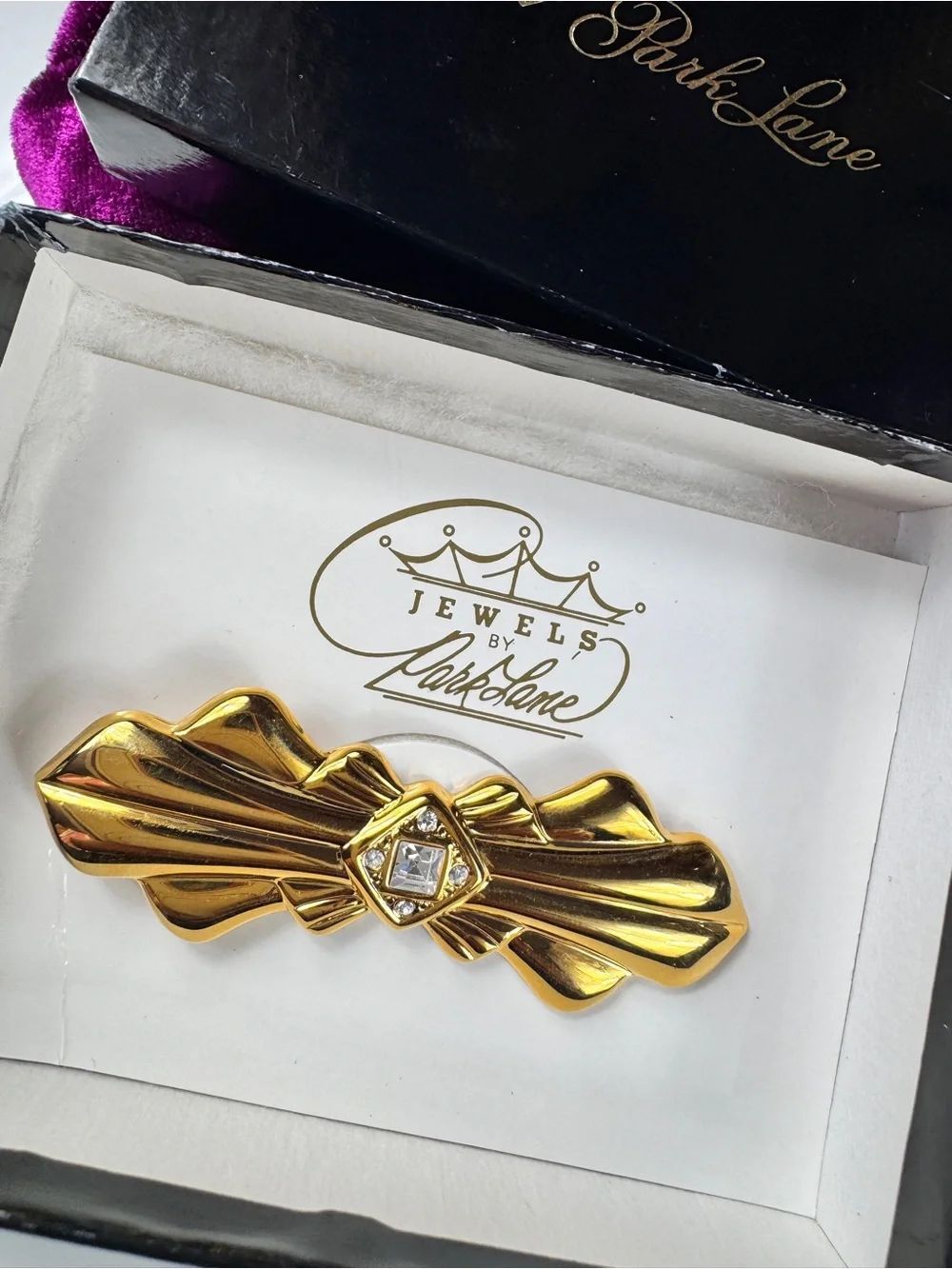 Park Lane Vintage Gold Bow Brooch with Clear Stone Accent